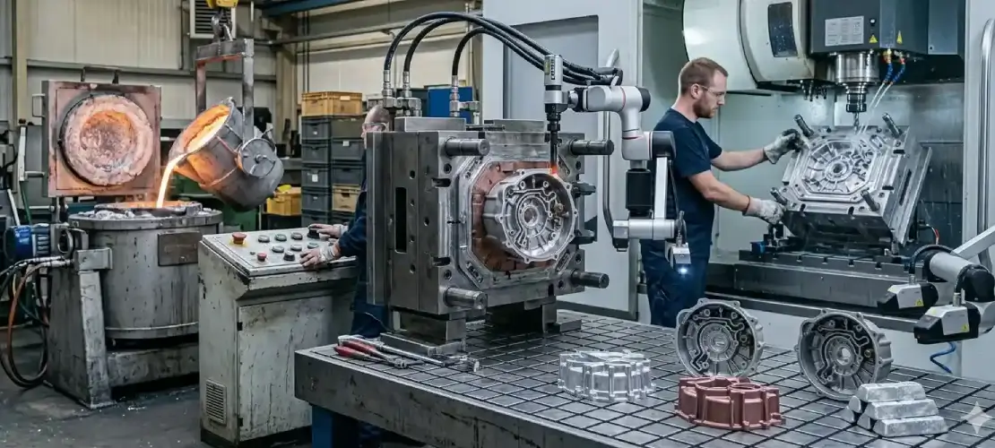 Technician working with die casting mold and metal parts
